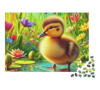 Puzzle Canard Jaune 1000 pièces Adultes, caneton sur nénuphar étang Fleuri, Difficile, épais, Robuste, Vibrant, Anti-Stress, déco familiale 38x26cm/1000pcs