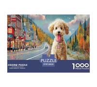 Puzzle Caniche 1000 Pièces Papier Recyclé Chiot Assis Arrière - Plan Rue Lumineuse Défi Difficile Jeu Familial Décoration Murale Cadeau 38x26cm