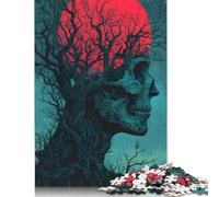 Puzzle carré 1000 pièces en Bois représentant Un Arbre à tête de Mort et Une Lune Rouge, idéal pour Les Adultes (75 x 50 cm).