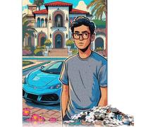 Puzzle carré 1000 pièces représentant Un Homme, Une Voiture et Un manoir, pour Adultes, Jeu éducatif en Bois pour Enfants (75 x 50 cm)