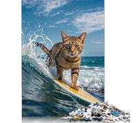 Puzzle carré Amusant de 500 pièces représentant Un Chat Surfeur, en Bois, pour Adultes et activités familiales (52 x 38 cm).