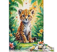 Puzzle carré Aquarelle de 1000 pièces représentant Un Adorable bébé guépard dans la Jungle, pour Adultes et activités familiales en Bois. 1000 pièces (75 x 50 cm).