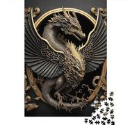 Puzzle carré Art déco doré Dragon de 1000 pièces pour Adultes, Puzzle en Bois, Cadeau de Noël idéal pour Adultes, 1000 pièces (75 x 50 cm)