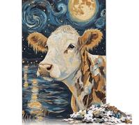 Puzzle carré créatif 1000 pièces en Bois représentant Une Vache sous Un Ciel étoilé, idéal pour Adultes, Jeu Stimulant (1000 pièces, 75 x 50 cm)