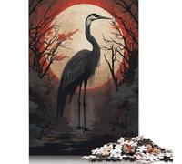 Puzzle carré créatif 500 pièces Lune Rouge et Cigogne Noire pour Adultes, Jeu Stimulant en Bois (52 x 38 cm)