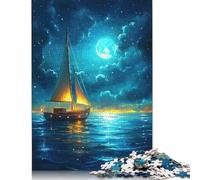 Puzzle carré créatif de 1 000 pièces représentant Un voilier au Clair de Lune pour Adultes, Puzzles en Bois Uniques, 1 000 pièces (75 x 50 cm)