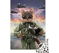 Puzzle carré créatif de 1000 pièces « Chat Pilote dans l'armée de l'air » en Bois, 75 x 50 cm, pour Adultes. Jeu Stimulant.