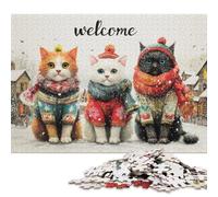 Puzzle carré créatif de 1000 pièces « Chats d'hiver » avec Panneau de Bienvenue, en Bois, pour Adultes. Jeu Stimulant. 1000 pièces (75 x 50 cm).
