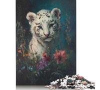 Puzzle carré créatif de 1000 pièces représentant Un bébé Tigre Blanc dans des Fleurs. Jeu de réflexion en Papier, 38 x 26 cm.