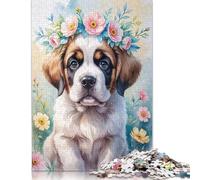 Puzzle carré créatif de 1000 pièces représentant Un Chiot Saint-Bernard avec Une Couronne de Fleurs, Style Aquarelle, en Bois, pour Adultes. Jeu Stimulant. 1000 pièces (75 x 50 cm).