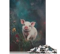 Puzzle carré créatif de 1000 pièces représentant Un Cochon Souriant dans des Fleurs. Jeu éducatif pour Adultes. 38 x 26 cm.
