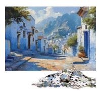 Puzzle carré créatif de 1000 pièces représentant Une Rue de la Ville Bleue du Maroc, pour Adultes et Jouets éducatifs en Bois (75 x 50 cm).