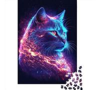 Puzzle carré créatif de 500 pièces avec Chat néon, en Bois, pour Adultes et Jeu Stimulant (52 x 38 cm).