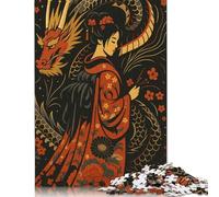 Puzzle carré créatif de 500 pièces en Bois, Illustration d'art de Geisha et de Dragon, pour Adultes. Jeu éducatif. 500 pièces (52 x 38 cm).