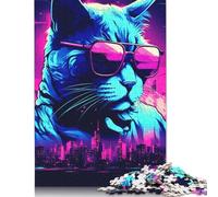 Puzzle carré créatif de 500 pièces « Néon Le Chat de la Ville » pour Adultes et Puzzles en Bois, Jeux de Puzzle Anti-Stress et Cadeaux de Noël Uniques (52 x 38 cm)