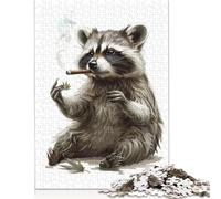 Puzzle carré créatif de 500 pièces "Raton laveur Cannabis Fumée" pour adultes et puzzle en bois Jeu difficile 500 pièces (52x38 cm)