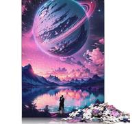 Puzzle carré créatif de 500 pièces représentant Un Couple sous la planète Saturne pour Adultes, Jeu Stimulant en Bois (52 x 38 cm)