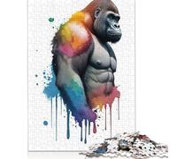 Puzzle carré créatif de 500 pièces représentant Un Gorille à l'aquarelle, idéal pour Adultes et Puzzles en Bois Anti-Stress, Parfait comme Cadeau de Noël Original (52 x 38 cm).
