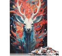 Puzzle carré créatif de 500 pièces représentant Un Portrait Abstrait de cerf avec des éléments Floraux, en Bois, pour Adultes et Jouets éducatifs (52 x 38 cm).