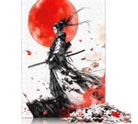 Puzzle carré créatif de 500 pièces représentant Une Femme samouraï avec Une Lune Rouge, pour Adultes, Jeu Stimulant en Bois (52 x 38 cm)