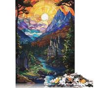 Puzzle carré créatif en Bois représentant Un Paysage Fantastique en vitrail avec château, 500 pièces (52 x 38 cm), idéal pour la décoration intérieure.