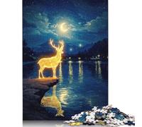 Puzzle carré de 1 000 pièces représentant Un cerf Lumineux au Bord d'un lac la Nuit pour Adultes, Puzzle en Bois, Jeu Stimulant, 1 000 pièces (75 x 50 cm), Cadeaux de Noël