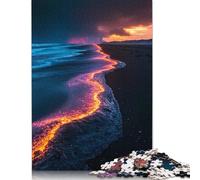 Puzzle carré de 1 000 pièces « Vagues ardentes sur Une Plage de Sable Noir » pour Adultes et Enfants, Cadeaux de Noël, 38 x 26 cm/1 000 pièces