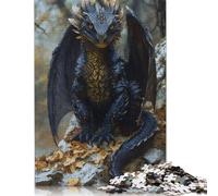 Puzzle carré de 1000 pièces avec chiot dragon noir pour adultes et puzzle en bois, jeu éducatif, 1000 pièces (75 x 50 cm)