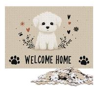 Puzzle carré de 1000 pièces « Bienvenue à la Maison » avec Un Chiot, pour Adultes, Puzzle en Bois, décoration Murale, Cadeau de Noël, 1000 pièces (75 x 50 cm)