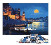 Puzzle carré de 1000 pièces représentant Les ghats de Varanasi en Inde la Nuit, en Bois, pour Adultes et Jeu éducatif (75 x 50 cm).