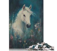 Puzzle carré de 1000 pièces représentant Un Cheval Blanc dans Un pré, pour Adultes. Jeu de Puzzle en Papier, défi Unique, 38 x 26 cm.