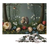 Puzzle carré de 1000 pièces représentant Un hérisson et Son Poussin au Printemps, en Bois, pour Adultes. Jeu éducatif et ludique. (75 x 50 cm)