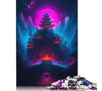 Puzzle carré de 1000 pièces représentant Un Paysage de Temple Japonais néon (38 x 26 cm) pour Adultes et idéal comme Cadeau de Noël.