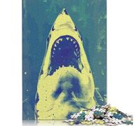 Puzzle carré de 1000 pièces représentant Un Requin à la Gueule Ouverte, en Bois, pour Adultes et Toute la Famille (75 x 50 cm).