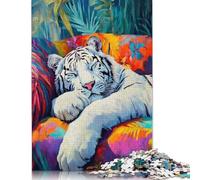 Puzzle carré de 1000 pièces représentant un tigre blanc endormi pour adultes et puzzle en bois pour les activités familiales, 1000 pièces (75 x 50 cm)