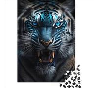 Puzzle carré de 1000 pièces représentant Un Tigre Sauvage aux Yeux Bleus, en Bois, idéal pour Les Adultes et comme Cadeau de Noël (75 x 50 cm).