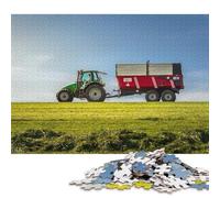 Puzzle carré de 1000 pièces représentant Un Tracteur Vert et Une remorque Rouge, pour Adultes. Jeu de Puzzle en Papier, 38 x 26 cm.