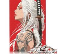Puzzle carré de 1000 pièces représentant Une Femme aux Cheveux Blancs armée d'un Katana (38 x 26 cm) pour Adultes, idéal comme Cadeau de Noël.