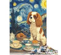 Puzzle carré de 300 pièces « La Nuit étoilée et Le thé avec Un Cavalier King Charles » en Bois pour Adultes, Jeu éducatif Familial, 300 pièces (40 x 28 cm).