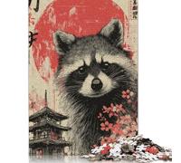 Puzzle carré de 300 pièces représentant Un Raton Laveur, Une pagode Japonaise et des Fleurs de Cerisier, en Bois, pour Adultes et Enfants (40 x 28 cm).