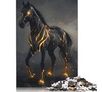 Puzzle carré de 500 pièces avec cheval noir fantastique brillant pour adultes, puzzle en bois, jeux de défi uniques, 500 pièces (52 x 38 cm)