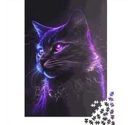 Puzzle carré de 500 pièces représentant Un Chat néon, en Bois, idéal pour Les Adultes et Les Cadeaux de Noël (52 x 38 cm).