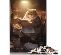 Puzzle carré de 500 pièces représentant Un Gros Chat lisant Un Journal, pour Adultes et Enfants, en Bois, idéal comme Cadeau de Noël (52 x 38 cm).