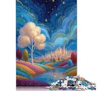 Puzzle carré de 500 pièces représentant Un Paysage Nocturne enchanté, en Bois, idéal pour Les Adultes et comme Cadeau de Noël (52 x 38 cm).