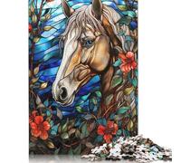 Puzzle carré de 500 pièces représentant Un Portrait de Cheval avec des Fleurs en vitrail, pour Adultes, Puzzle en Bois, décoration Murale, Cadeau de Noël, 500 pièces (52 x 38 cm)