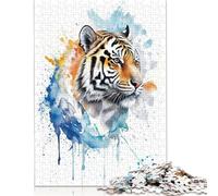 Puzzle carré de 500 pièces représentant Un Tigre à l'aquarelle, en Bois, pour Adultes et Toute la Famille (52 x 38 cm).