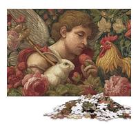 Puzzle carré en Bois créatif de 300 pièces représentant Un Ange avec Un Lapin et Un Coq, idéal pour Les Adultes, Les Jeux Anti-Stress et comme Cadeau de Noël Unique (40 x 28 cm).