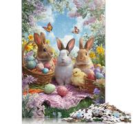 Puzzle carré en Bois de 300 pièces représentant Un Panier de Pâques avec Un Lapin et Un Poussin (40 x 28 cm). Idéal pour Adultes. Cadeau de Noël.