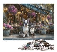 Puzzle carré en Bois de 500 pièces représentant des Chiots parisiens au café, Jeu éducatif et Stimulant pour Adultes (52 x 38 cm).