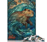 Puzzle carré en vitrail Capybara Waves 1000 pièces pour Adultes, Puzzle en Bois, Jeu Pratique 1000 pièces (75 x 50 cm)